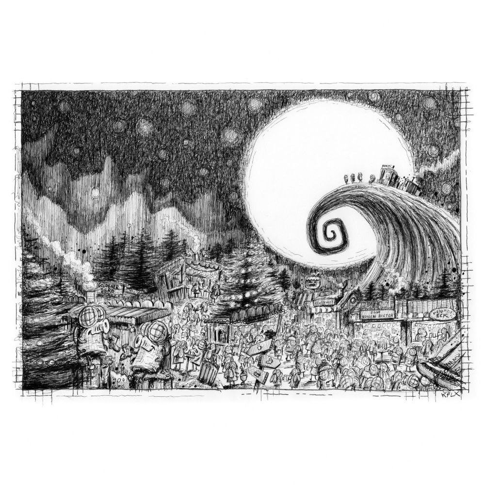 Tuschezeichnung auf A4, Weihnachtsmarkt, angelehnt an nightmare before Christmas.