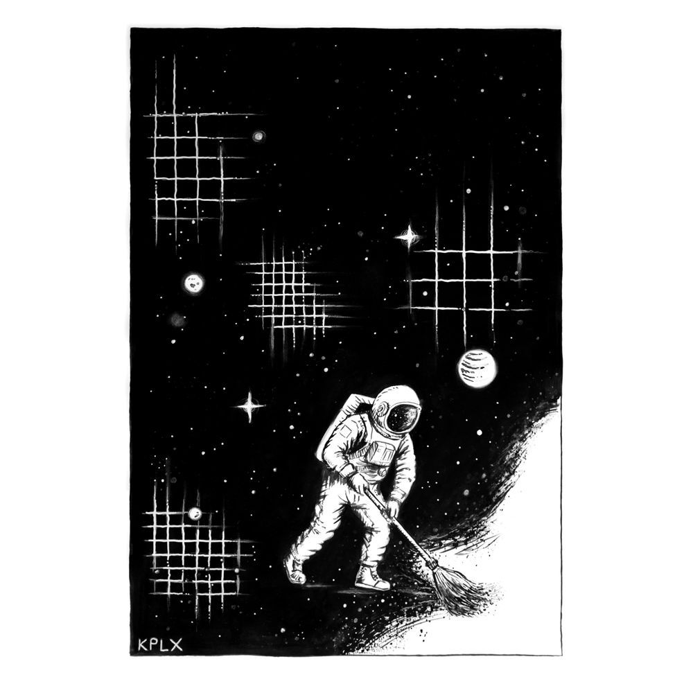 ALT-Text (Deutsch):
Schwarz-weiße Tuschezeichnung auf DIN A1: Ein Astronaut steht im Weltraum und fegt mit einem Besen. Es bleibt unklar, ob er das Universum zusammenkehrt oder es gerade verteilt. Um ihn herum glitzern Sterne und Planeten vor tiefschwarzem Hintergrund.

ALT Text (English):
Black and white ink drawing on DIN A1 paper: An astronaut stands in space, sweeping with a broom. It’s unclear whether he is sweeping the universe away or spreading it out. Around him, stars and planets shimmer against a deep black background.