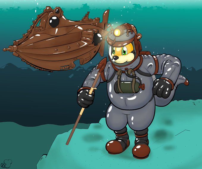 A piece depicting a floatzel  underwater in rubber diving gear holding a bronze-tipped spear. In the background is a replica of the Nautilus submarine from Twenty Thousand Leagues Under the Sea.