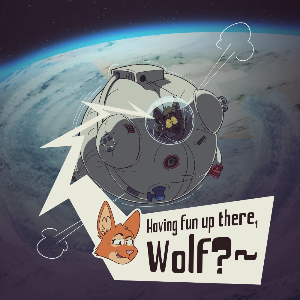 A colored piece featuring Mr. Wolf floating in orbit around Earth in a space suit. The suit is shown to be leaking from the helmet and hose, which is causing the suit to become oversized from decompression. Wolf, panicked, is unable to do anything as it immobilizes him. Diane, listening to his unfold, teases Wolf through his earpiece.