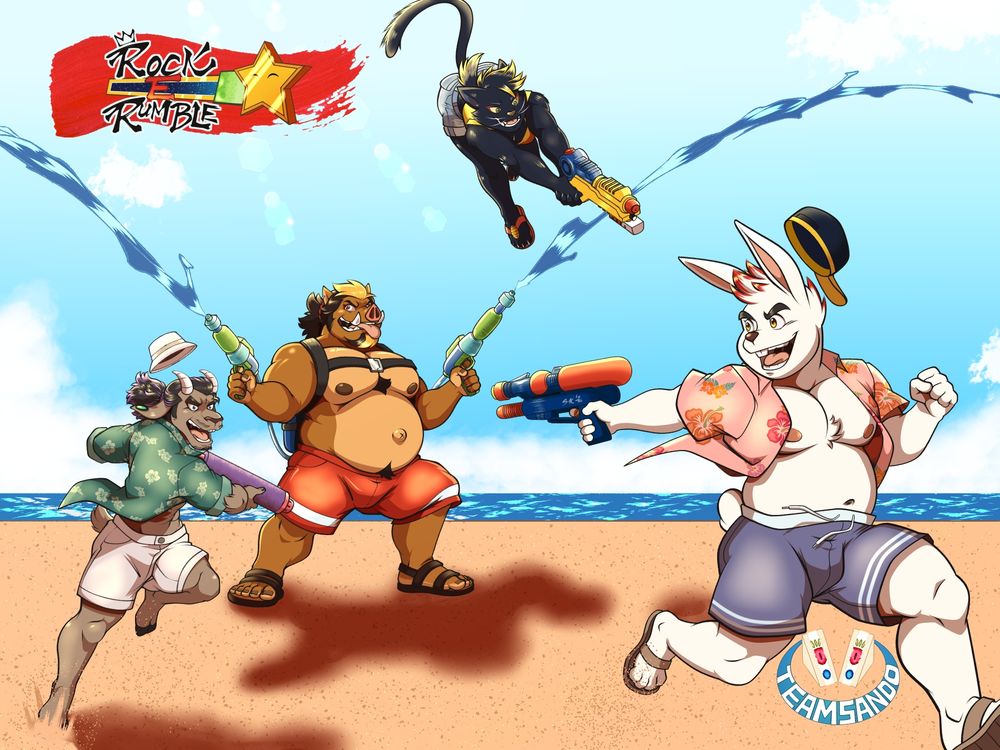 A fun promotional pic for Rock E Rumble featuring members of the main cast: Rocky (right), Kiki (top center), Shou (center left), and Gideon- all clad in beach attire and having a water gun fight.
