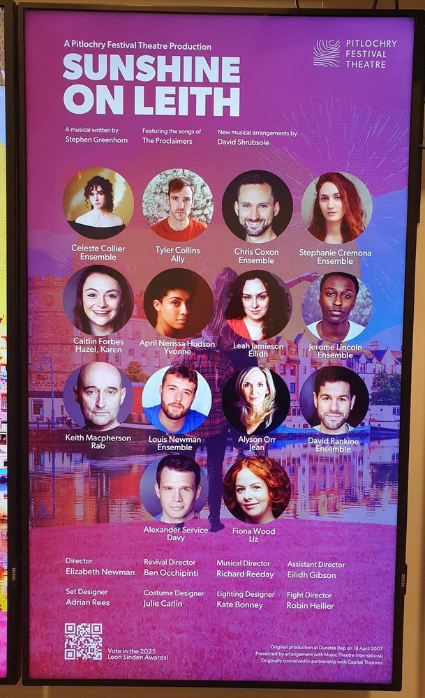 Photo of a poster showing the cast and listing other credits for Pitlochry Festival Theatre production of Sunshine on Leith.