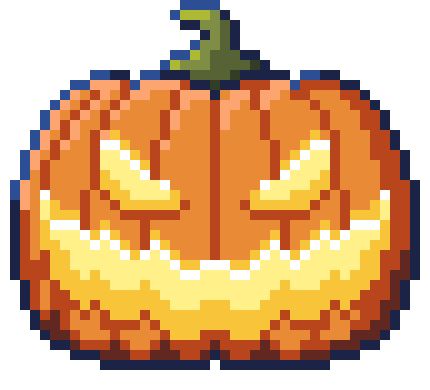 Pixel art of a plump Jack-O-Lantern carved with a menacing grin illuminated by candlelight inside the pumpkin.