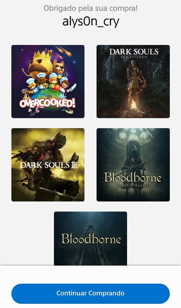 Na imagem, os jogos Overcooked!, Dark Souls I, Dark Souls III, Bloodborne e sua expansão (The Old Hunters).