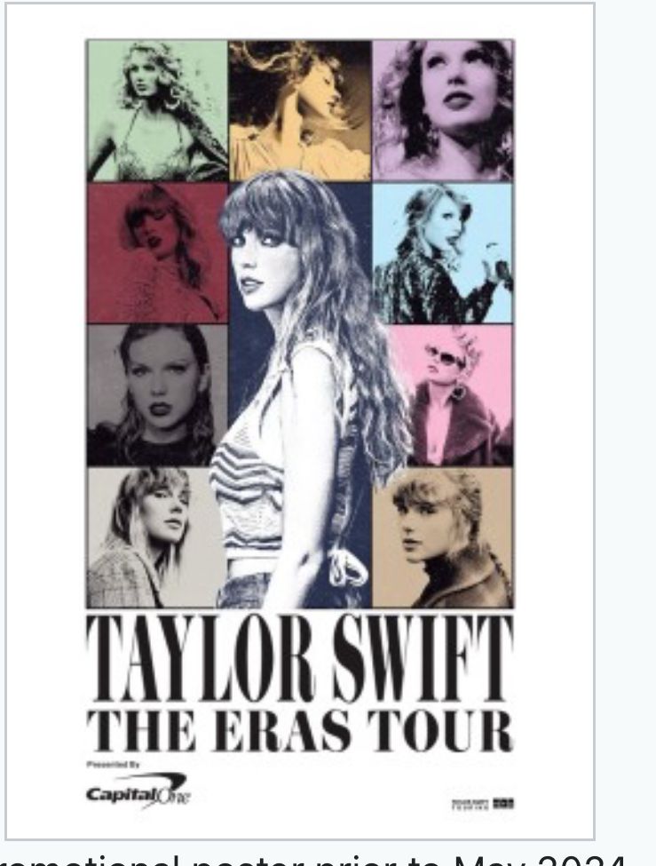 The Eras Tour logo from the first leg of tour with Taylor from each era in a different box. Midnights Taylor is in the largest box in the center of the image