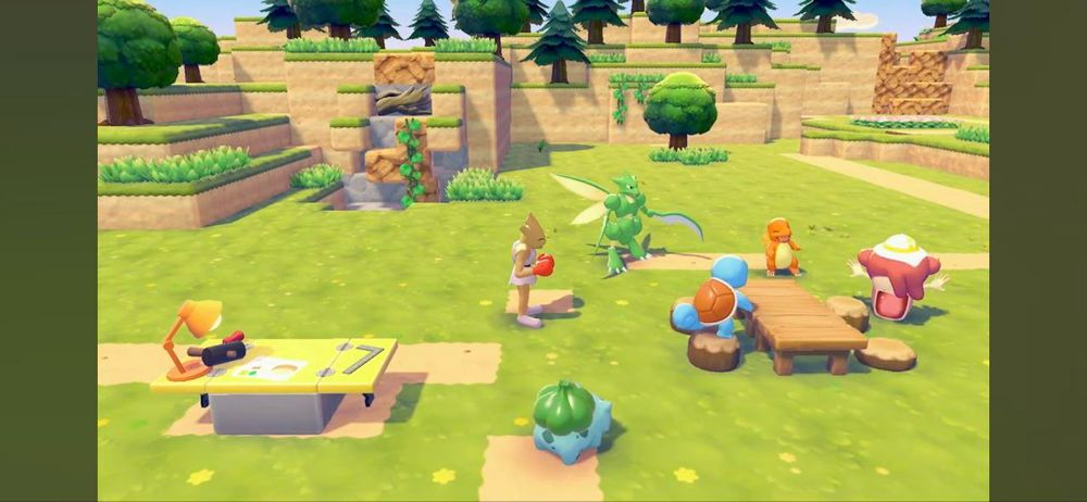 Pokopia Ditto Spitting out a wooden outdoor stool in a small picnic area. Hitmonchan, Scyther, Bulbasaur, Squirtle, and Charmander can be seen.