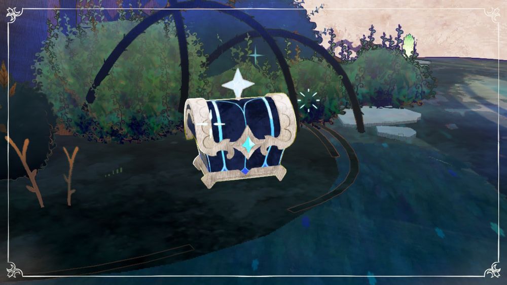 A normal treasure chest in the in-game cutscene, with its navy blue body with an almost eerie light blue-colored designs all over it. It lacks visible handles on the sides, but the pale golden metal frame at the top and bottom accent it well. There are 4-pointed star designs where the lock should be and decorating the top of the box. Its design is a little top-heavy which tapers down into four pointy legs on its four corners.