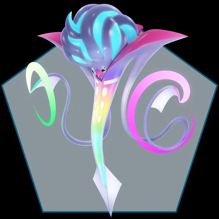 Mega Malamar, with a much narrower body that sports a rainbow gradient. Its hunting feeding tentacles now seem to extend from its lab-coat-like flaps and sport green and pink glows, its arms now curled up in a brain-like ball over its eyes and beak. It gives off the vibe of an especially silly yet sinister mad scientist.