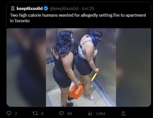 Twitter screenshot 

keep6ixsolid 

"Two high calorie humans wanted for allegedly setting fire to apartment in Toronto"

Above an image of two afab people wearing tank tops and shorts standing in an elevator. One of them is holding a gas tank.
