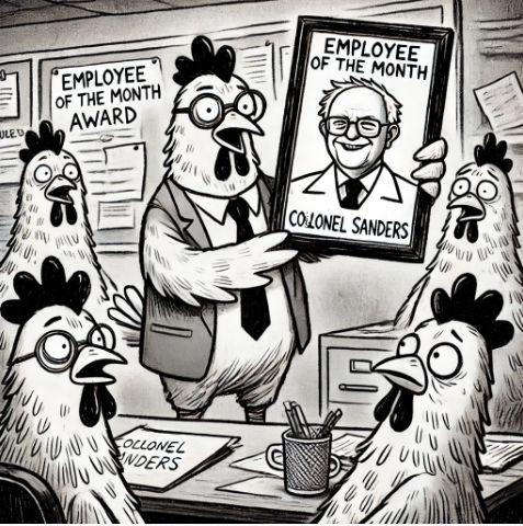 A group of chickens with shocked looks after voting Colonel Sanders as Employee of the Month. Hand-drawn black and white illustration editorial cartoon style. 
