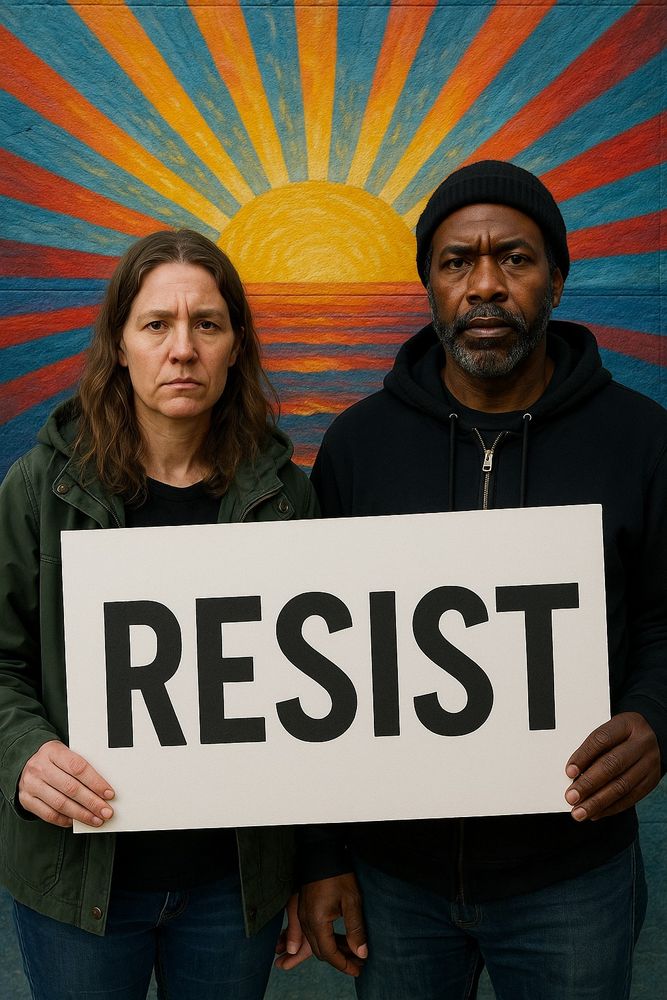 A woman and a man holding a white sign with the word Resist in black