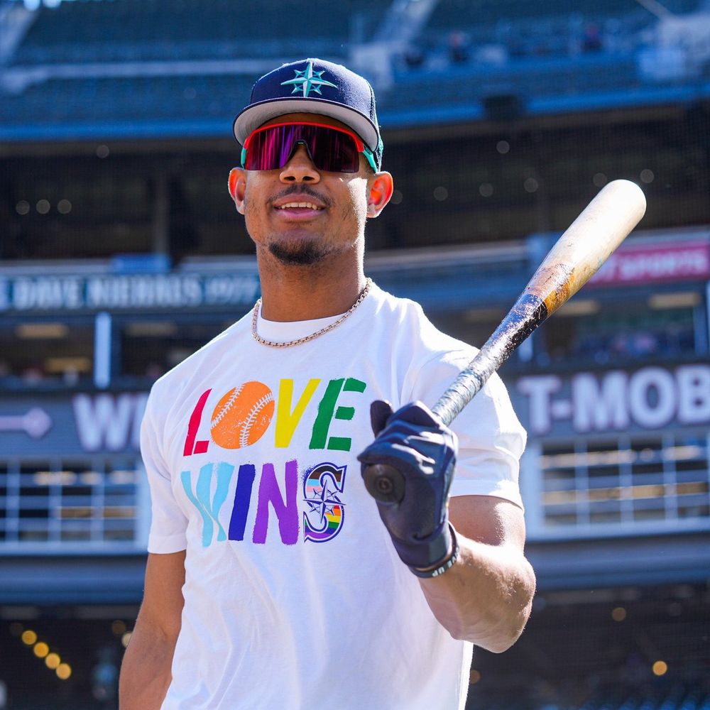 Julio Rodriguez in a Love Wins shirt