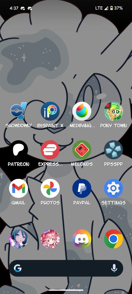 Pulse System's Phone Home Screen with an Alolan Vulpix adopt we own as the wallpaper and multiple apps who's names are in the font used in the webcomic On Borrowed Time, the font in question being Letter O Matic