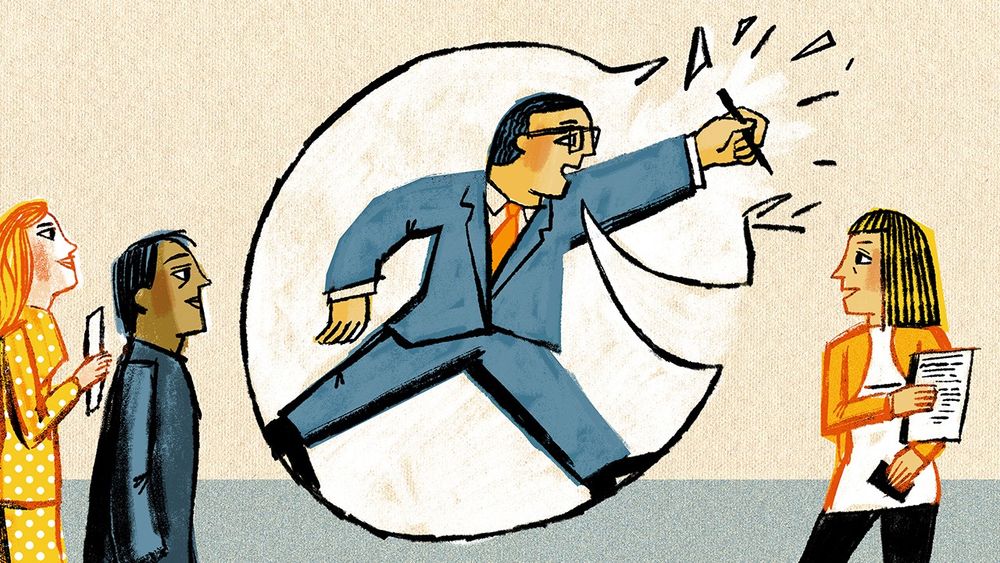 Illustration of a businessperson in a suit bursting through a paper circle, moving past three colleagues who appear surprised.