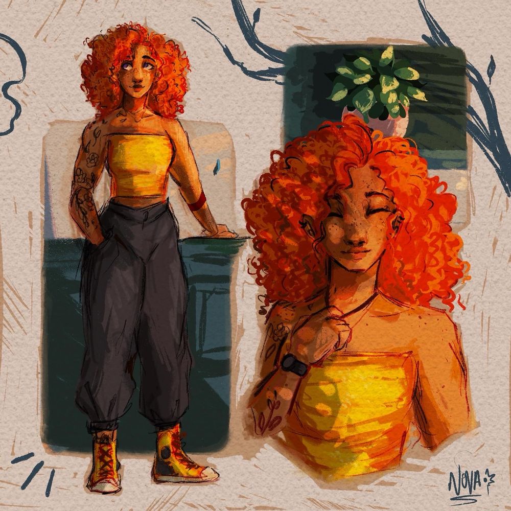 Digitally drawn character sheet depicting Nova-by-art’s original character. 