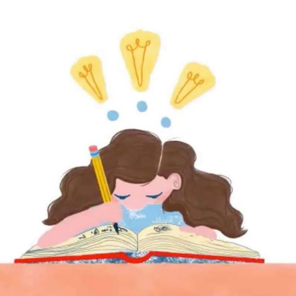 A drawing of a feminine human w long wavy dark hair writing in pencil in a big book
