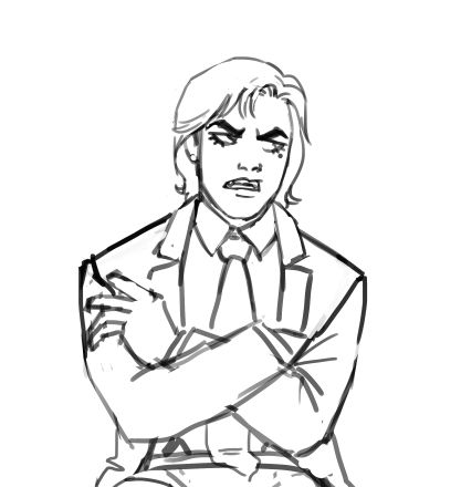 a cranky man in a suit with his arms folded, looking away from his accuser. he rolls his eyes as he defends himself.