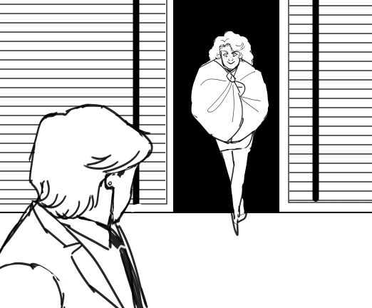 sketch of the back of a man's head as he watches a woman in an office's doorway approaching. she wears a thick puffy shawl and a miniskirt.