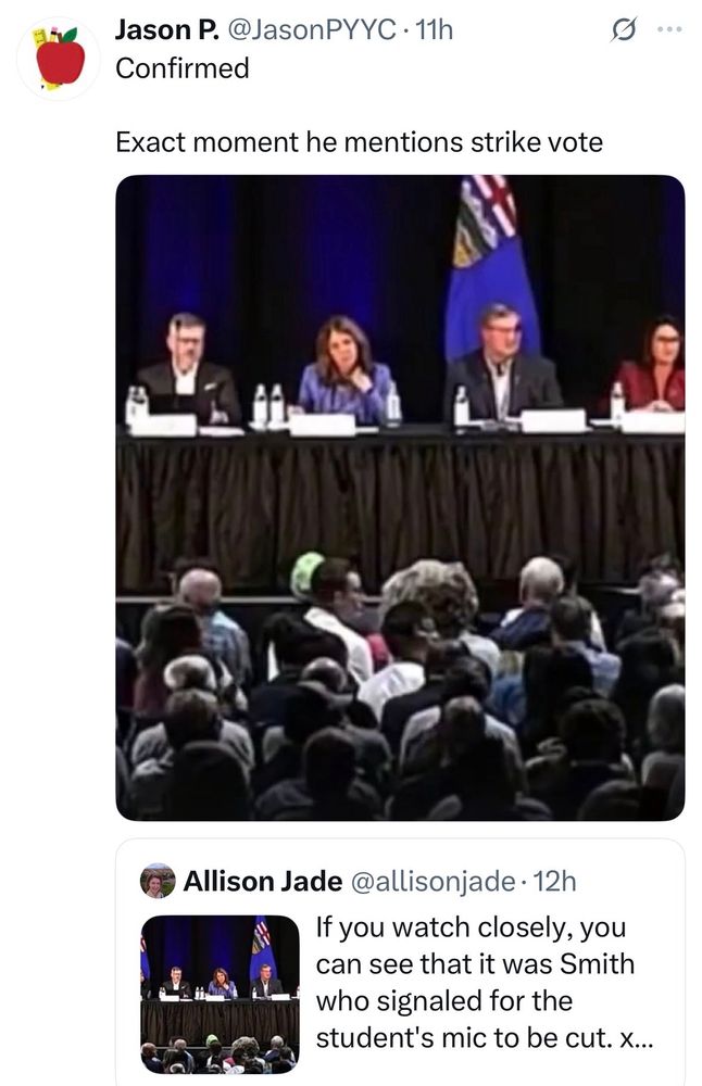 Zoomed in picture of smith from alberta next panel gesturing to her throat to cut the mic of the young boy who McAllister said should be spanked