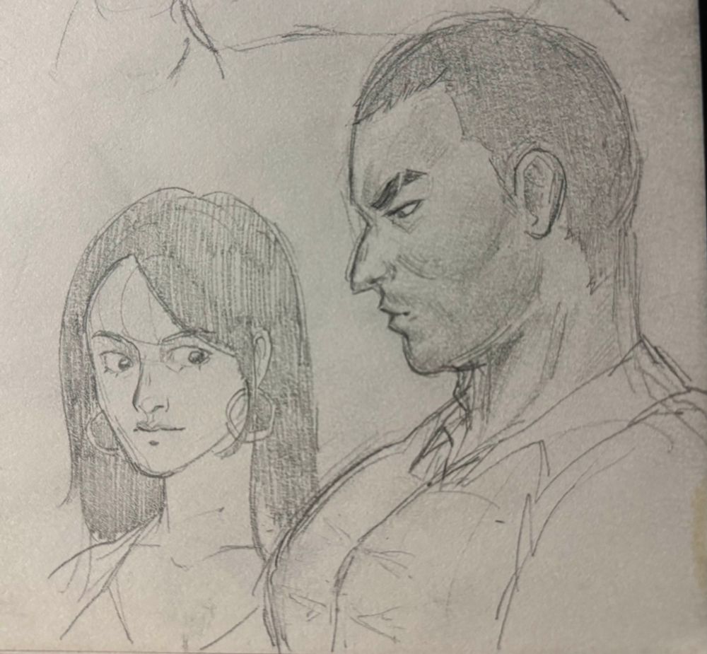 traditional art of that one image of the dude with HUGE naturals and a lady staring at the guy's chest wide-eyed. but instead of the original image it's saejima big naturals and a my hostess oc (jollene) staring in awe.