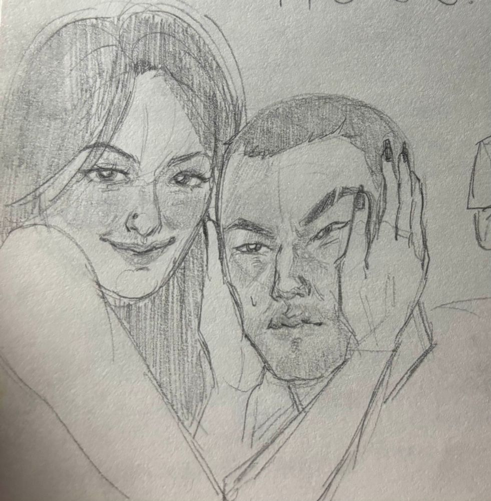 traditional art of my hostess oc (jollene) squishing saejima (from the rgg / lad / yakuza franchise)'s face. he's staring up at her like "why are you doing this to me) while she's staring at the viewer smug as hell