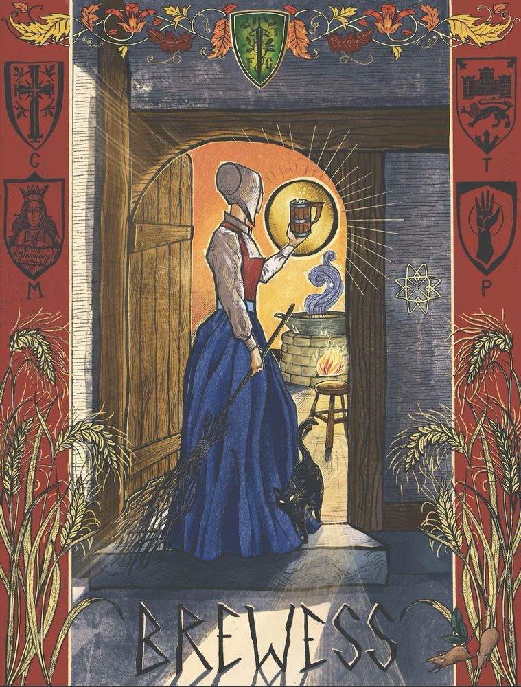 An illustration in a tudor/medieval style depicting a woman standing in a doorway holding a tankard of ale. Light from inside the building illuminates the scene. A black cat circles around her feet and she is wearing Tudor-style clothing. Around the edge of the piece is an illustrated border which includes shield-style ‘sigils’ and barley framing the bottom corners of the image. At the bottom of the image is the hand-drawn title of the game; BREWESS.