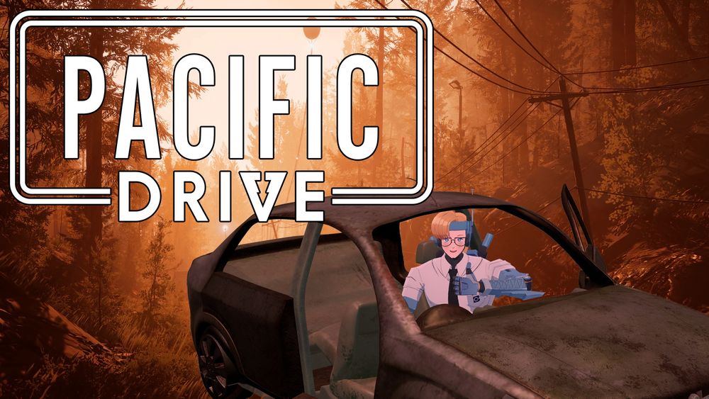 A male android sits in a burned out car in a forest at sunset.  The logo for the pacific drive game is in the foreground.