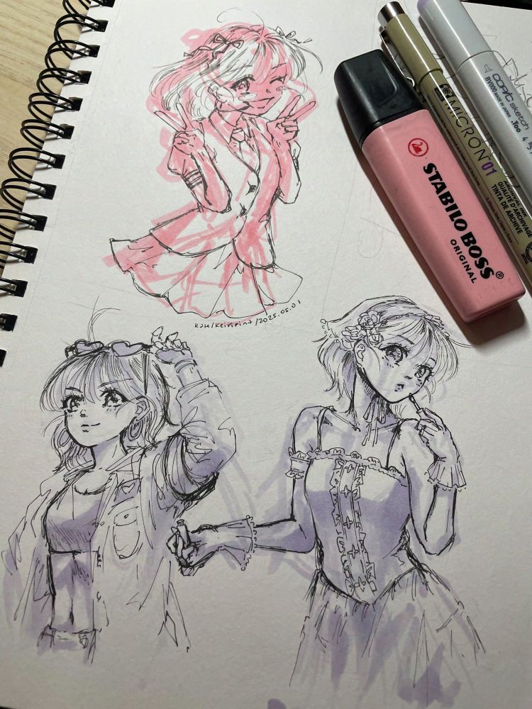 3 sketches of Utage from Tamon's B-side done with Micron pen, Copic marker, and highlighter. The top one is of her in her idol outfit from the chapter 59 title illustration, the bottom left is in her sukeban outfit, and the bottom right is in her birthday illustration outfit.