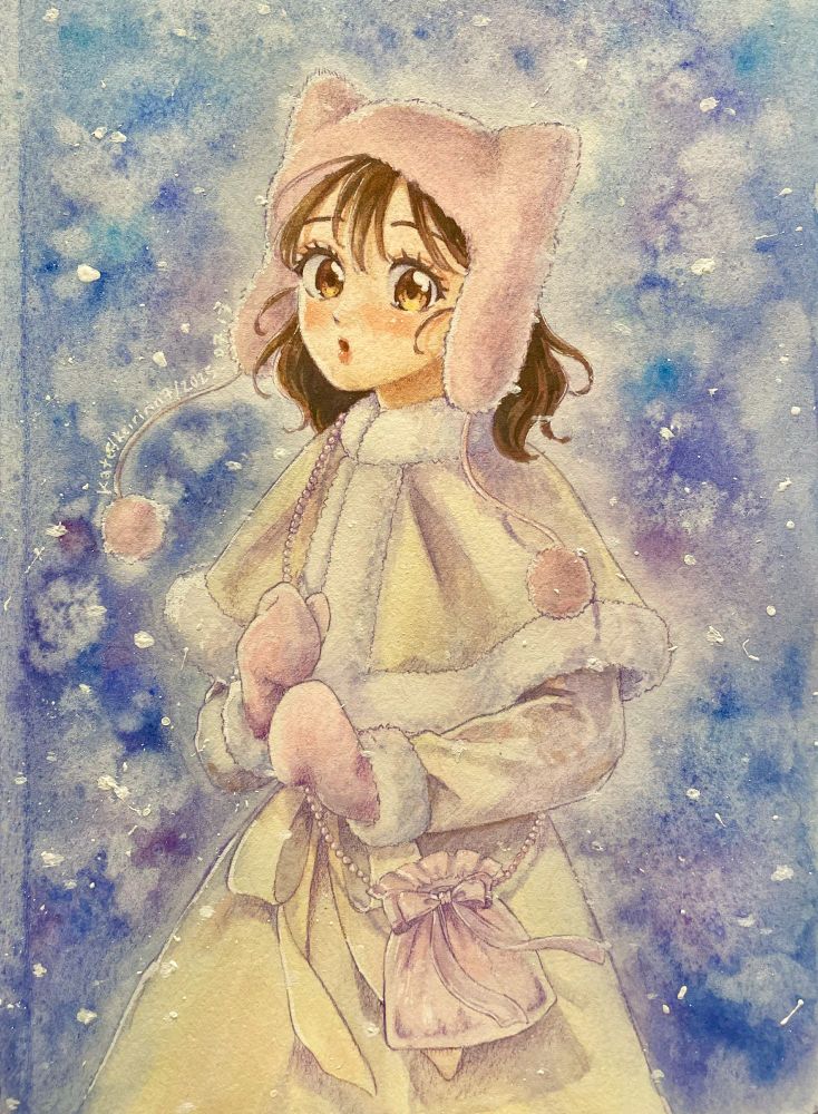 Fanart of Utage from Tamon's B-side using watercolors, color pencil, and acrylic gouache. She's wearing a cute light yellow winter dress with the same color winter cape. She's also wearing a soft pink winter cap with pompoms and cat ears, the same color mittens, and same color shoulder bag. The background is blue with white flecks of paint to imitate an abstract winter scene.