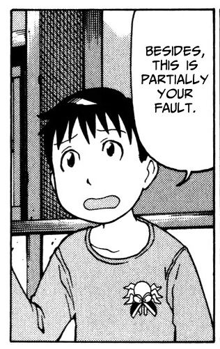 a panel from the comic "soredemo machi wa mawatteiru" a ~10 yo boy is wearing a long sleeved shirt with an ant monster over the left breast. The monster design has characteristic mandibles that look like iron shears, and big cartoony eyes