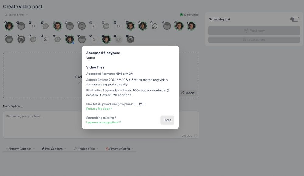 update for my social media scheduler @ post-bridge.com !!

you can now upload up to 500mb files and videos up to 5 minutes in length!

yt shorts max out at 3 mins so posting more than that will = normal vid post

also normal x/twitter non premium video limit is 2 min 20 seconds