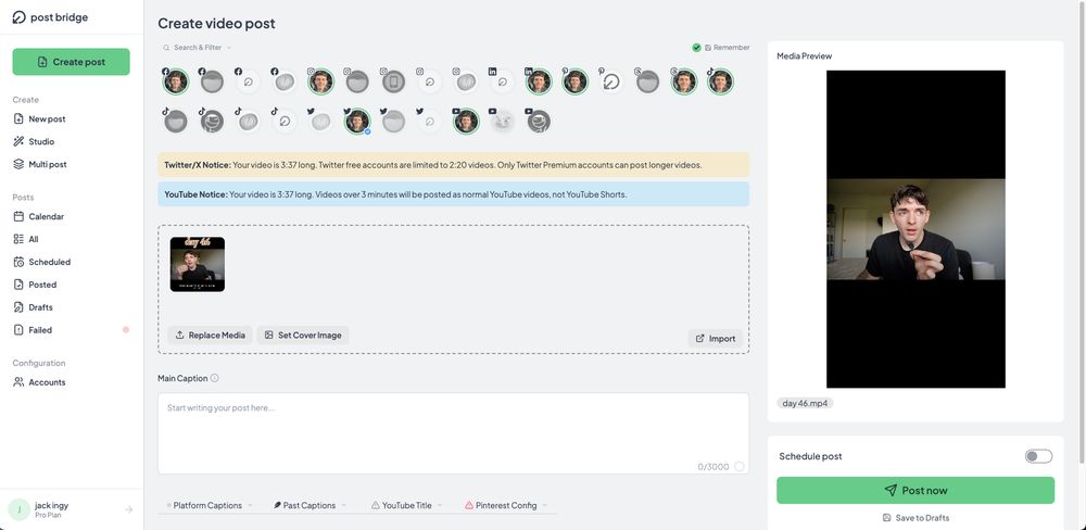 update for my social media scheduler @ post-bridge.com !!

you can now upload up to 500mb files and videos up to 5 minutes in length!

yt shorts max out at 3 mins so posting more than that will = normal vid post

also normal x/twitter non premium video limit is 2 min 20 seconds