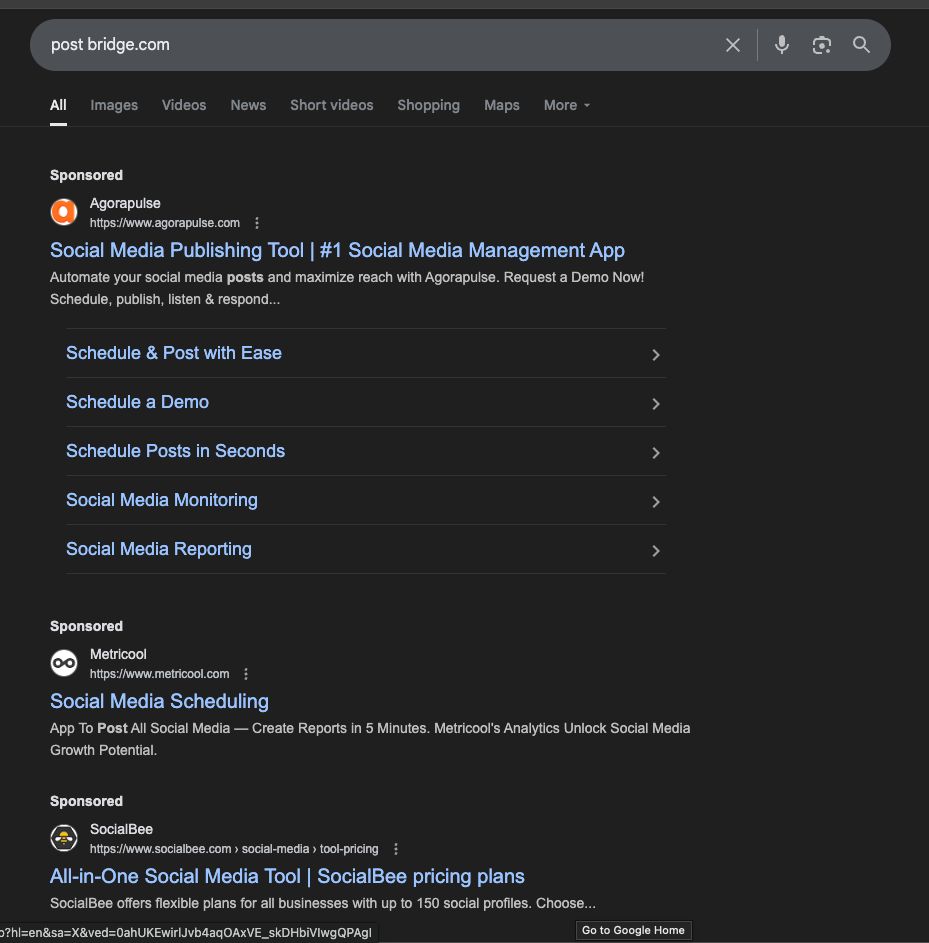 things for my business are looking very good! 

many big names bidding to my brands keyword

glhf friends, save your ad money though - people looking for post bridge are looking for fair pricing...
