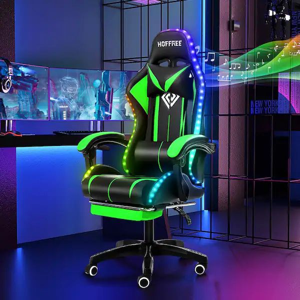 An office chair marketed "for gamers". Note the green on black and the unnecessary RGB lighting.