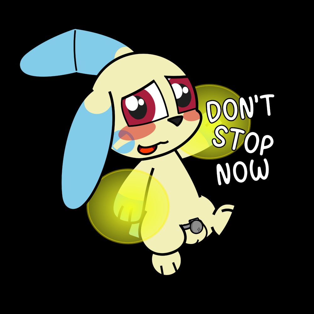 A Minun with maroon eyes, jumping up and cheering the viewer on with electric-orb pompoms. He's wearing a chastity cage. Text: "DON'T STOP NOW"
