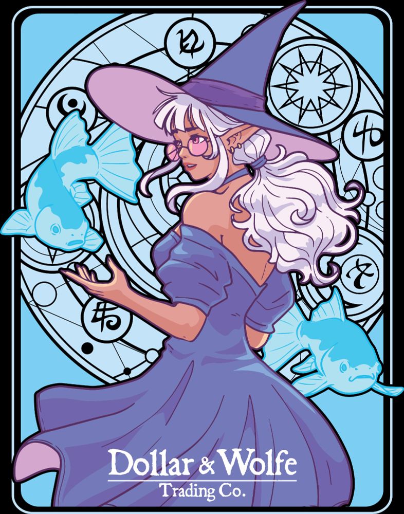An elf witch summoning ethereal fish standing against a magic circle background.