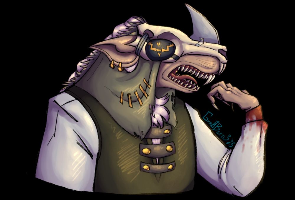 a skaven, named chril. this is a bust shot, and he's wearing a skaven skull with  a metal spike on top. he also has an eyepatch with a golden bow and arrow. his fur, from what little is seen, is white, and he he is snarling. his clothes consist of a white undershirt and a dark green overshirt.