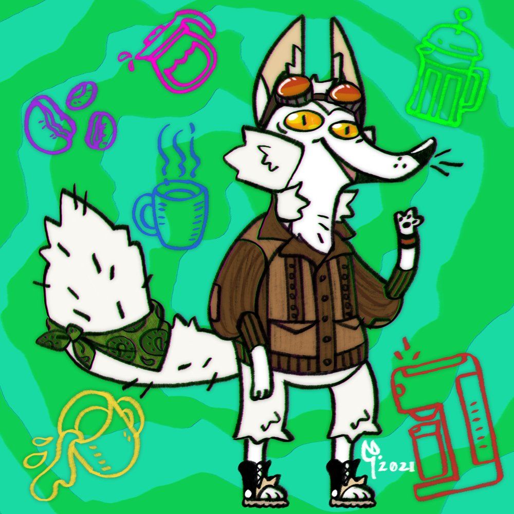 Digital illustration with colorful, gritty, rough pencil lines. It is a cartoon fox with all white fur, standing upright on it's hind legs like a person. One arm is hanging at the side and the other is arm waving. It's bushy tail is flipped upwards. It has big pointy ears, bright yellow-orange eyes, and an open smile. The white fox is wearing a brown suede cardigan with knitted sleeves and wide open collar, a green paisley bandana is tied around the tail, a pair of tinted red/red-orange goggles pushed up on the head, and on its feet are a pair of black high-top sneakers with the ends ripped off so little fox toes stick out. Floating around the fox are the outlines of objects in rainbow colors: purple coffee beans, a yellow mug spilling coffee, a pink carafe pouring drops, a blue upright mug wafting steam, a coffee machine brewing into a travel mug, and a neon green french press. The background is a trippy swirling spiral of teal and green.