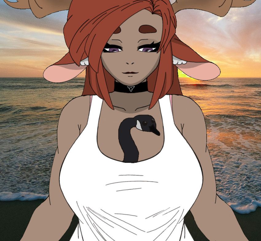 Art of FlannalFawn glancing down to see the neck and head of a Canada Goose emerging from her cleavage (uh oh)