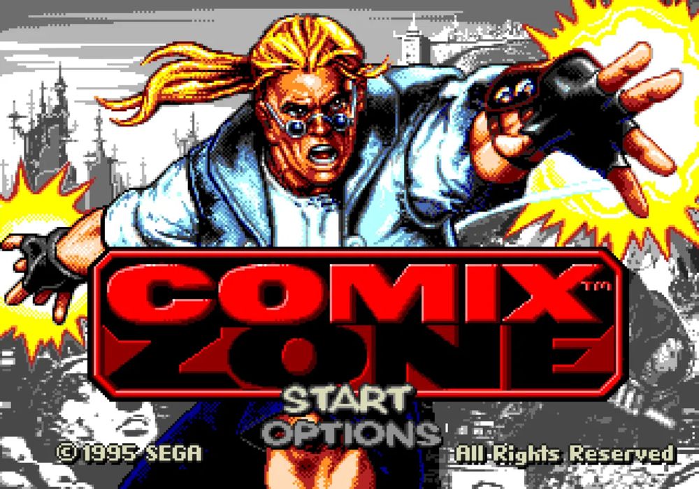 Title screen of the 1995 Sega game Comix Zone, showing the main character Sketch Turner striking an action pose