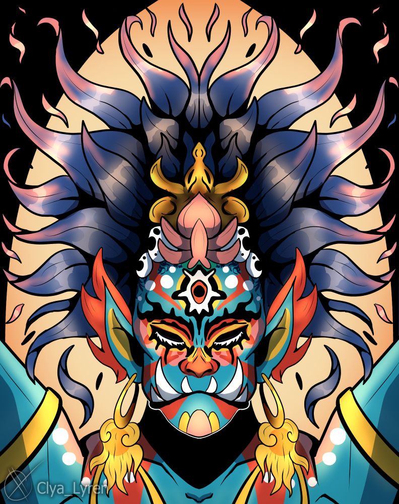 A symmetrical drawing of a character facig forward. They have many colorful face markings. Their hair blooms out from their head in a lotus flower shape