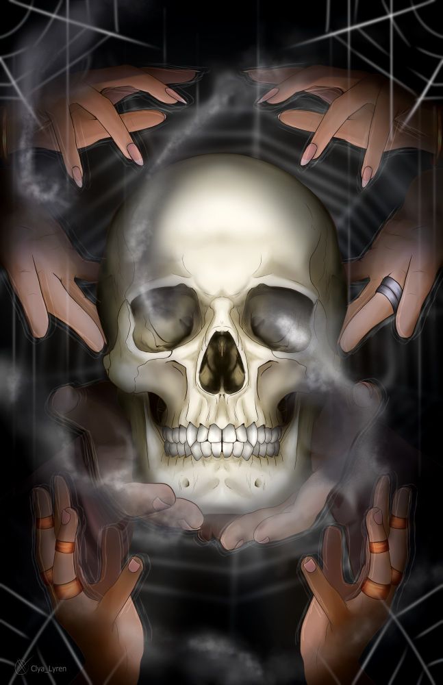 Three pairs of hands reach out for a skull in the center of the image. The skull is held by another pair of hands and has grey smoke protruding from its eye sockets and swirling around it. The hands wear various rings to symbolize the wealth of the elves. The skull has slightly elongated canines to mimic spider fangs. Spider webs decorate the edges of the image and behind the skull. 