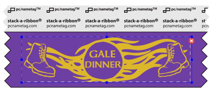 a purple badge ribbon with gold foil. There are boots on the left and right and Gale's chest marking in the center. In the center of the circle are the words "GALE DINNER" 