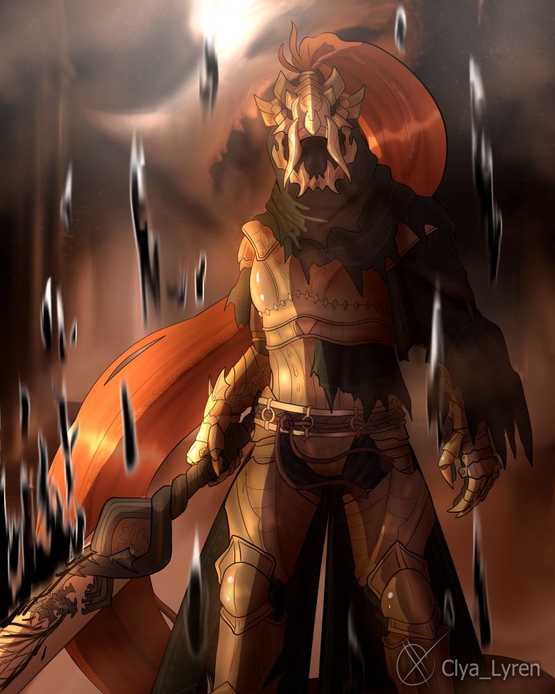 A drawing of an Elden Ring OC. They stand with their sword in one hand. They face towards the camera. Behind them is the background of Farum Azula. Around them are black flame particles. 