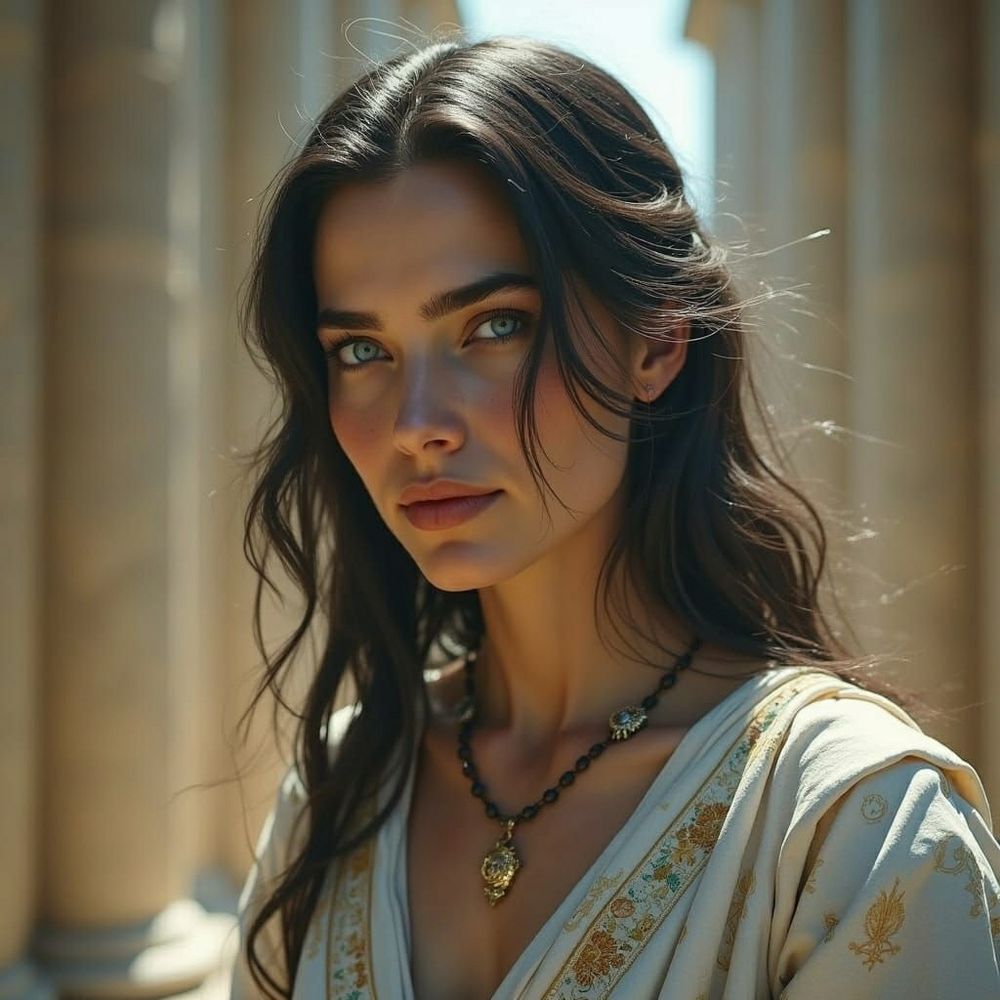 Polyhymnia muse of sacred hymns with Greek column in the background. Wearing a white robe. 