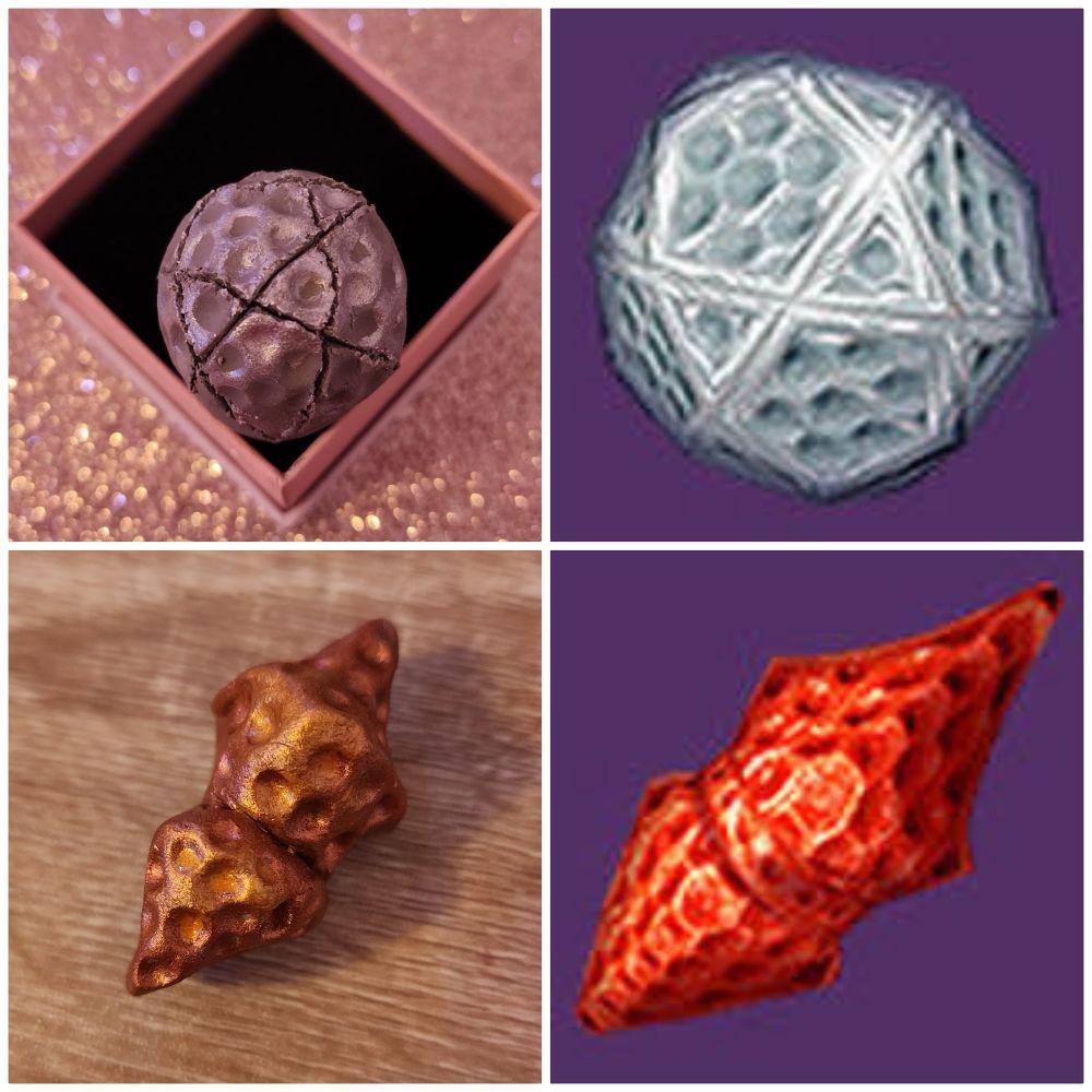 A four-split picture of two radiolite samples from Destiny 2. The top and bottom left quadrants show how the Ivory and Crimson radiolite samples look in-game. The top and bottom right quadrants show how they look in the UI menu upon picking them up.