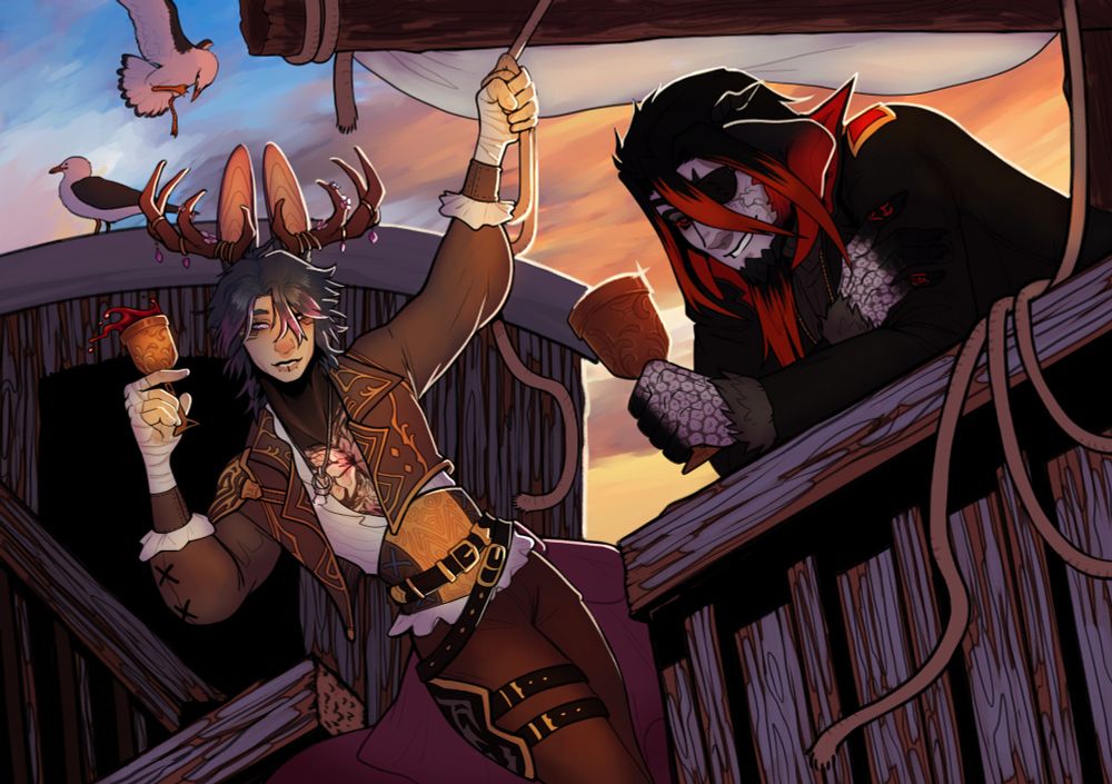 digital art of a Viera and aura on a ship at sunset, both holding chalices of wine.  the Viera is leaned out of the ship holding onto rope while the aura rests against the side. 