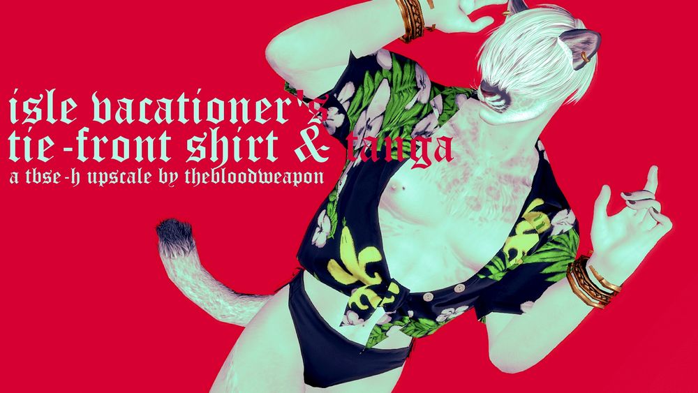 female base hrothgar using tbse-h wearing a loose tied shirt and tanga in front of red background.

"Isle vacationer's
tie-front shirt & tanga
a tbse-h upscale by thebloodweapon"