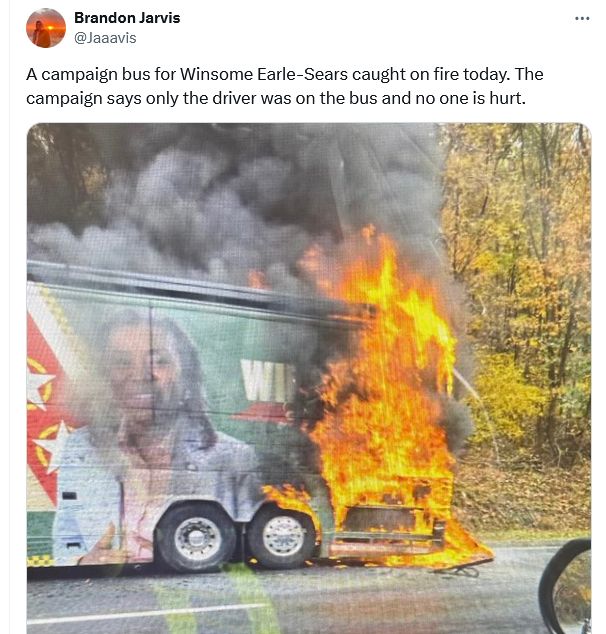 A campaign bus for Winsome Earle-Sears on fire