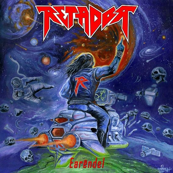 The cover art for Earëndel by Retador depicting a guy on a space motorcycle? in a jacket and vest surrounded by skeletons and space debris